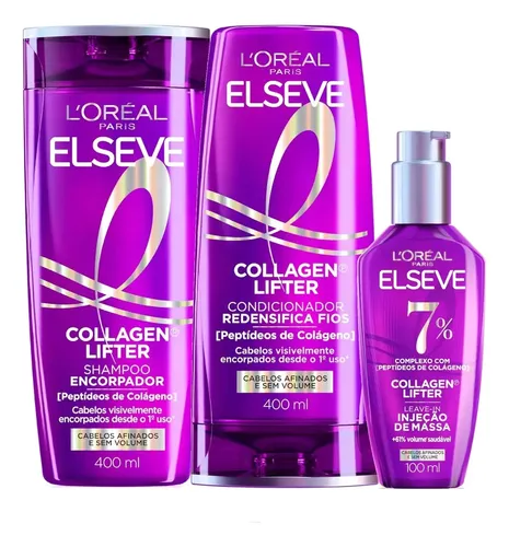 L'Oréal Paris Elseve Collagen Lifter Kit Shampoo, Condicionador e Sérum Leave-in com Peptídeos e Proteção Térmica para Cabelos Finos, Volume em 3D, 400ml + 400ml + 100ml