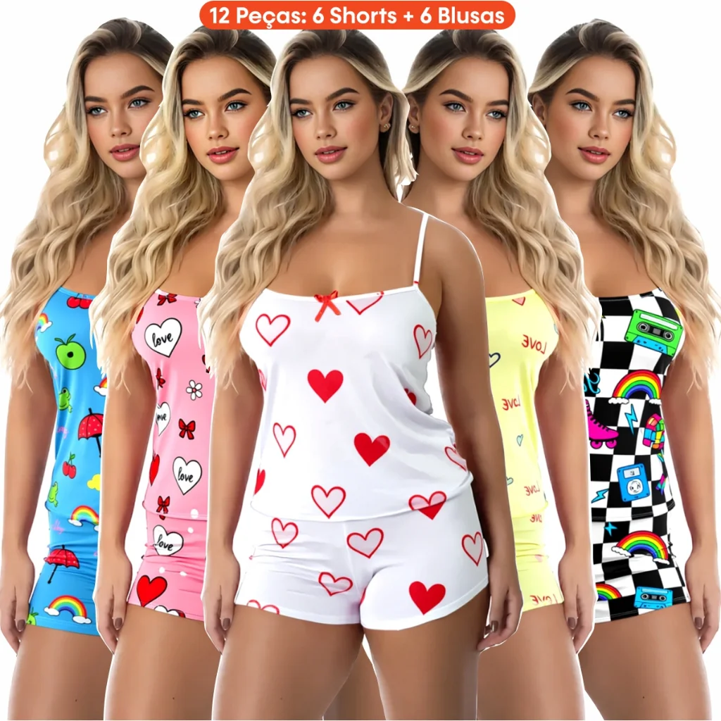 Kit 12 Peças (6 Conjuntos) Pijama Feminino Baby Doll Short Doll Roupa Dormir 6 Shorts+ 6 Blusas