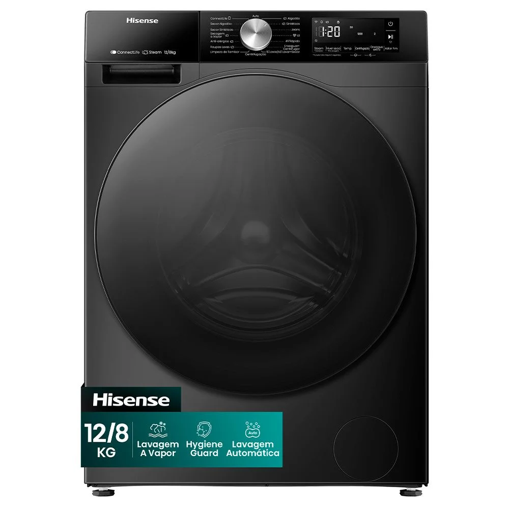 Lava e Seca Hisense 3S 12kg / 8kg Inverter 16 Programas com Wi-Fi Preta Noir - WD3S1243BB1