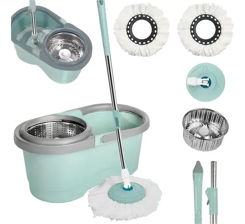 Mop Giratório 13l Rodinhas Esfregão 130cm Cesto Inox C Refil Verde