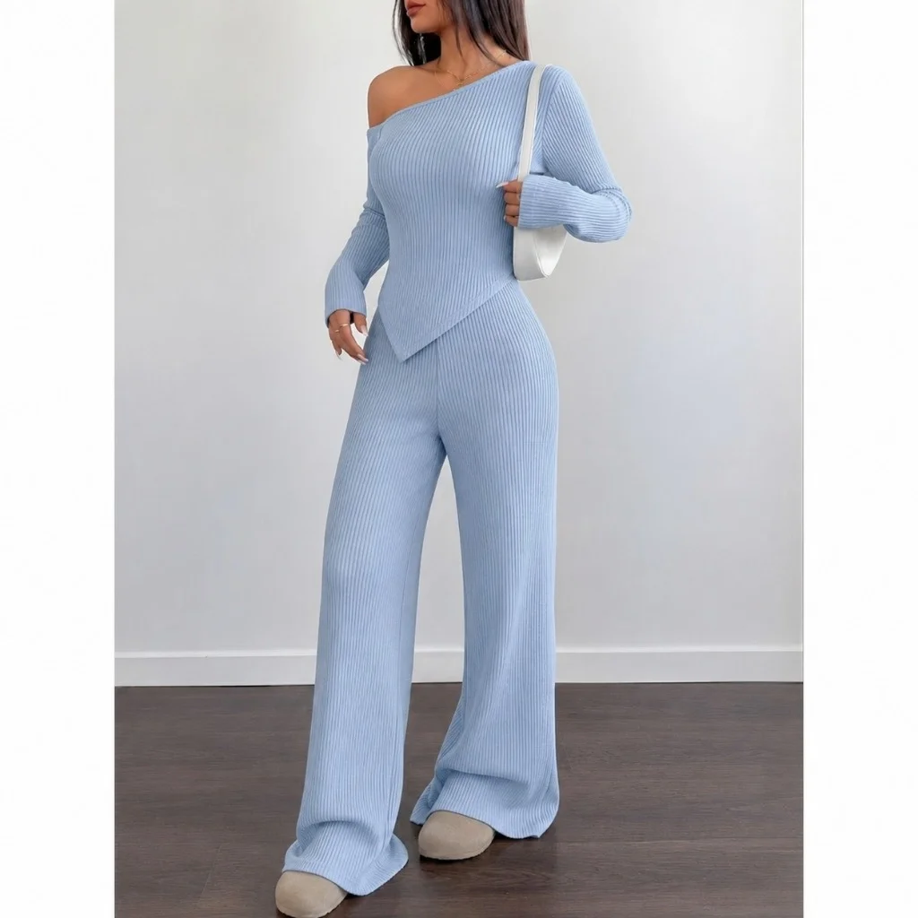 Conjunto Mila Feminino Blusa Manga Longa Assimétrica +Calça Pantalona Soltinha Ribana Moda Inverno