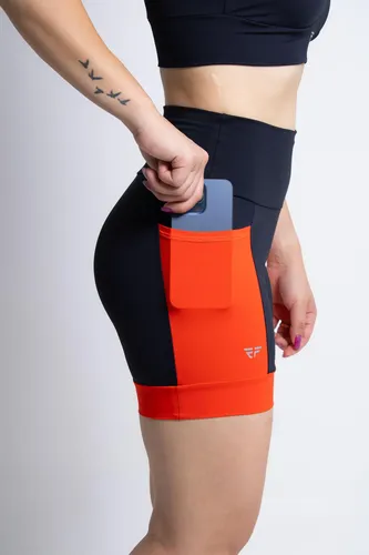 Short Feminino Cintura Alta Com Bolsos Compressão Corrida Preto-laranja M