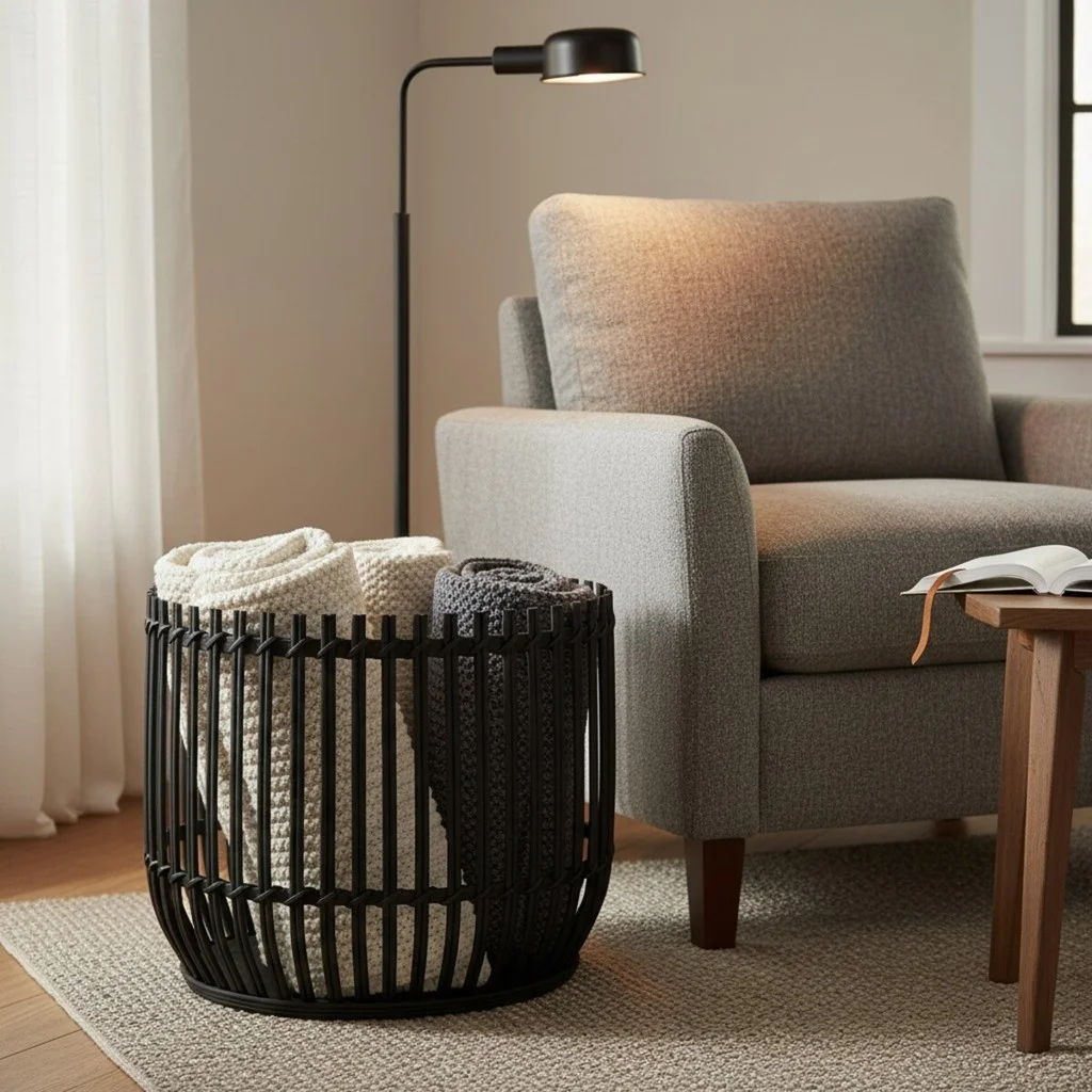 Cesto Rattan Preto Grande Vazado para Mantas Toalhas e Roupas 46cm