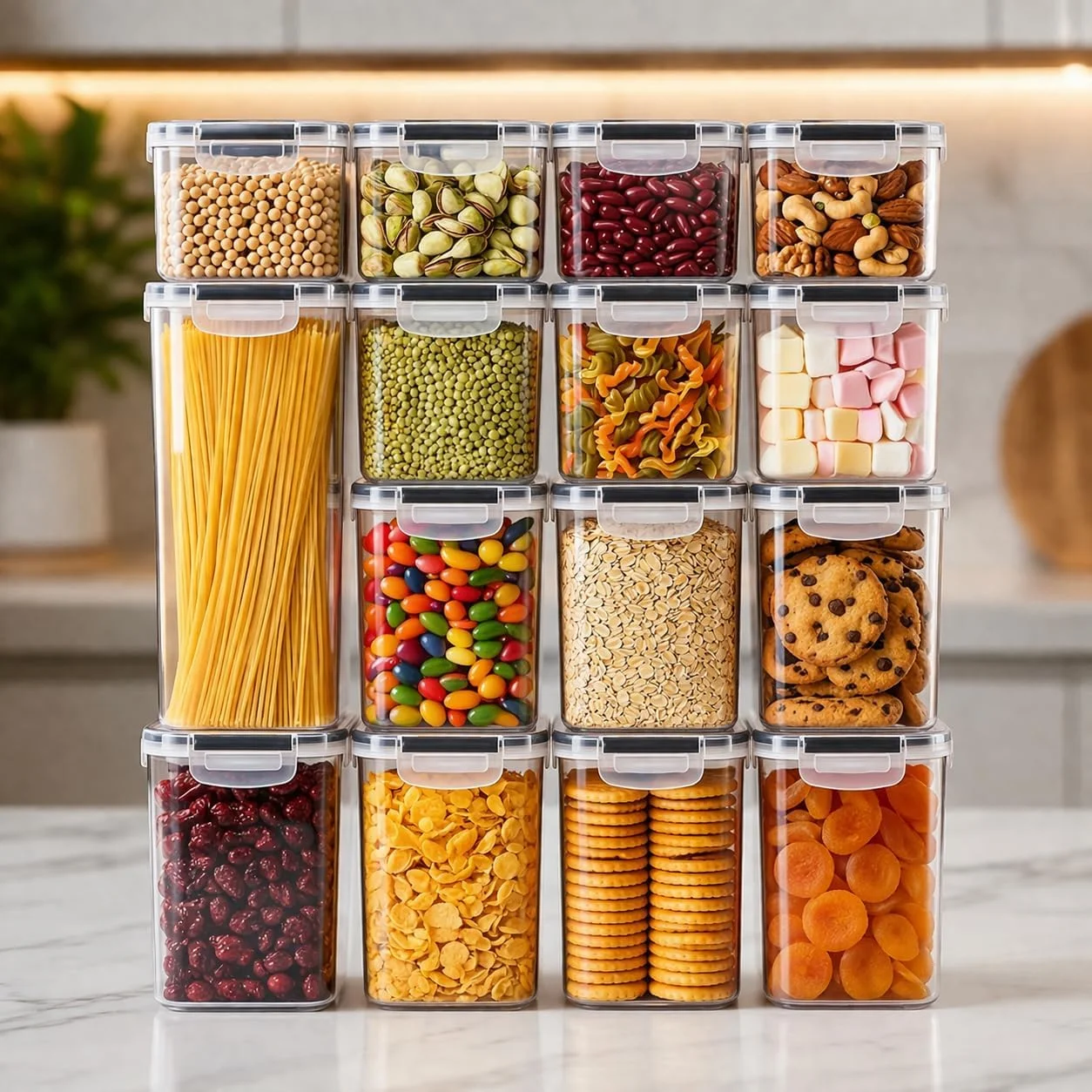 Kit 15 Potes Herméticos para Armazenamento de Alimentos, BPA Free, Plástico PP, com Travas Laterais e Vedação em Silicone, Empilháveis para Organização de Cozinha Linha Gourmet Premium