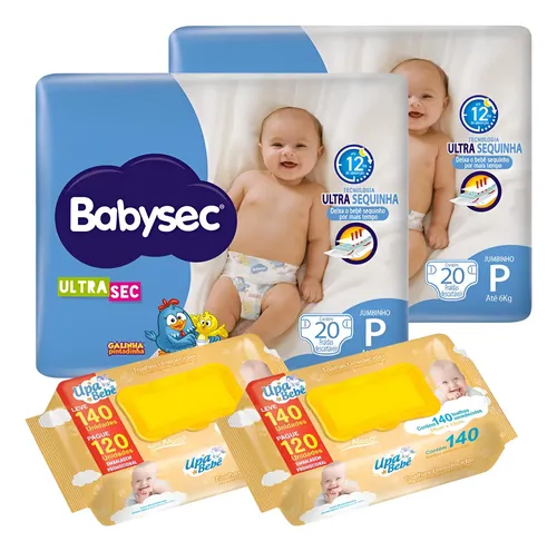 Kit 2 Pacotes Fraldas Babysec + 280 Lenços Umedecidos Bebê