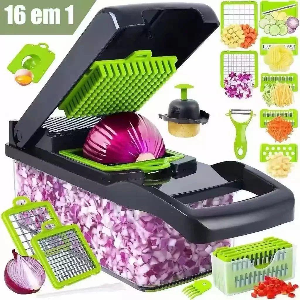 Fatiador Profissional Multifuncional 16 em 1 de Aço Inoxidável - Ideal para Vegetais, Frutas e Legumes