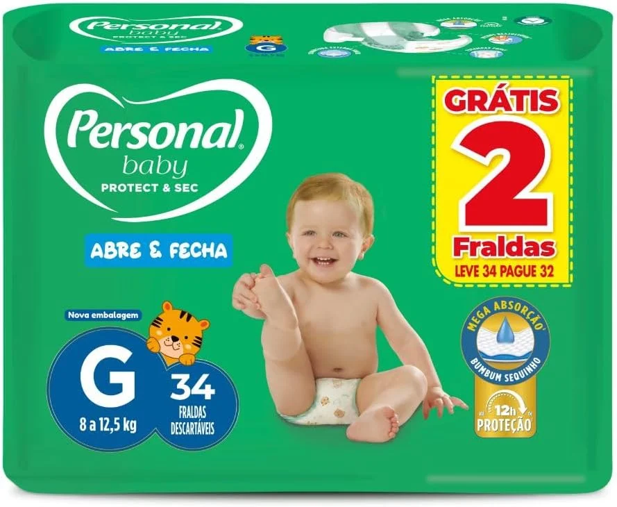 Fralda Infantil Personal Baby Protect e Sec G Mega 9x34pads Leve 34 pague 32 Unidades
