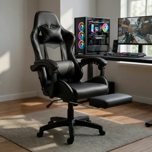 Cadeira Gamer Ergonômica Para Jogos Pc Reclinável Apoio Pé Preto Couro Sintético
