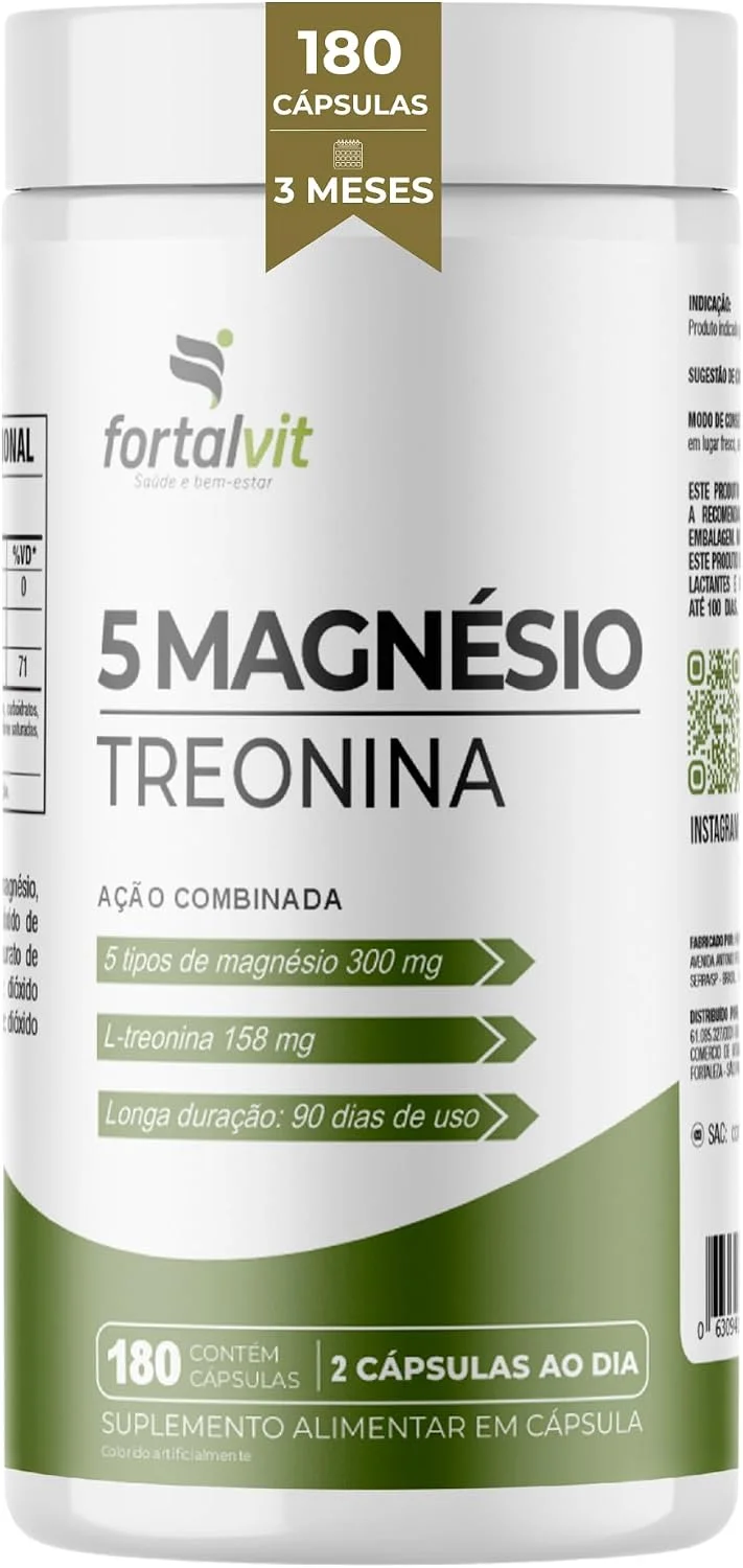 5 Magnésio Treonina 180 Cápsulas, 3 Meses de Uso, Longa Duração, Alto Teor Treonina + 5 tipos de Magnésio, Fortalvit
