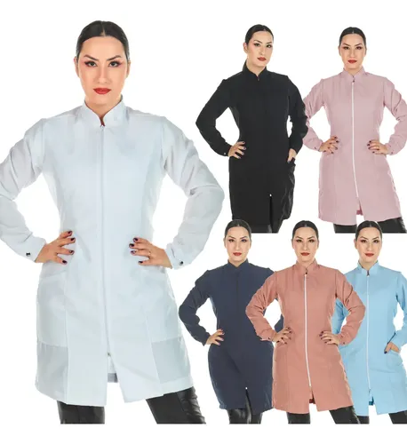 Jaleco Feminino Manga Longa Zíper Oxford Acinturado