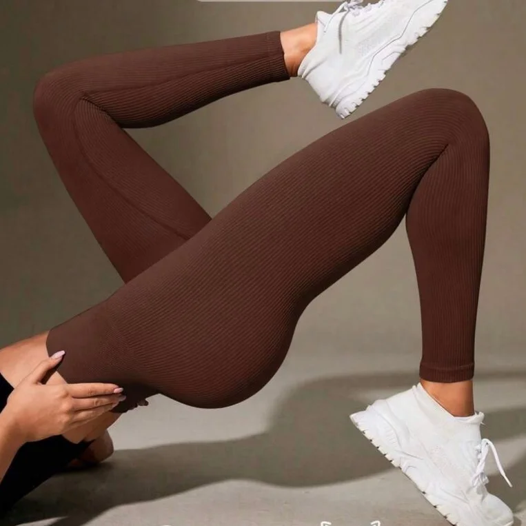 Calça Legging Canelada de Cintura Alta Sem Costura para Academia Feminina, Elástica e Fitness