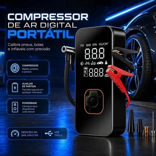 Bomba Elétrica Portátil Digital Para Encher Pneu De Carro Moto Bicicleta Inflador Automotivo Cor Preto 127/220v 50 Hz/60 Hz Monofásica