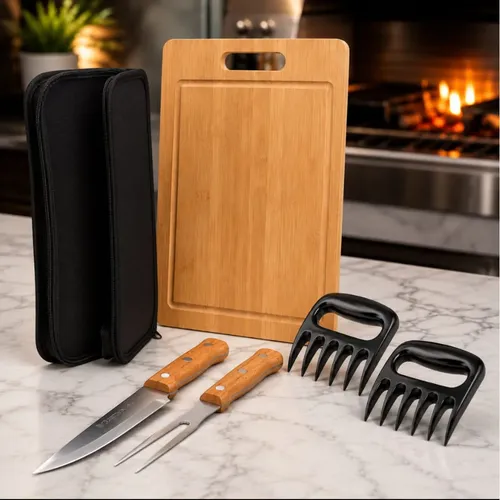 Kit Tábua Churrasco Completo Com Utensílios Em Inox 6 Peças Lisa Marrom