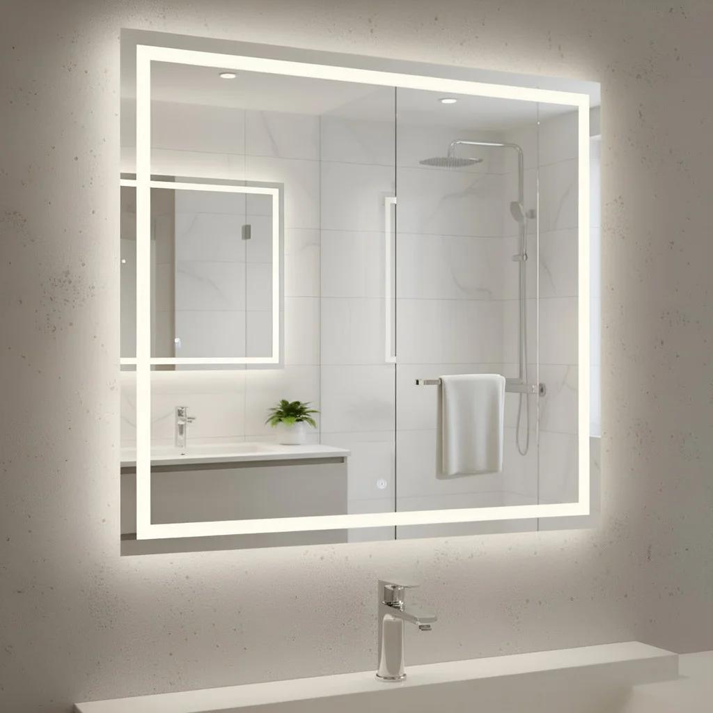 Espelho Quadrado 50x50 Jateado com LED Touch 3 Cores Banheiro Salão Moderno