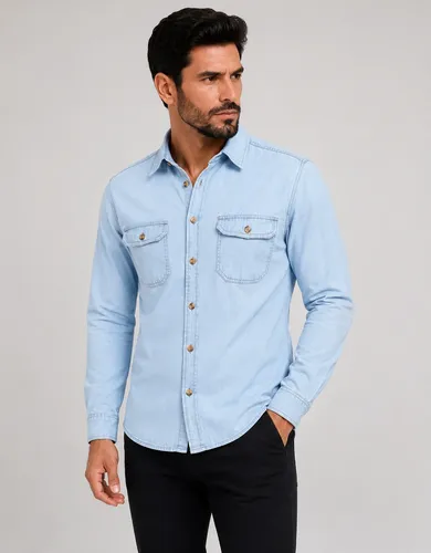 Camisa Jeans Masculina Social Slim Manga Longa Jeans Claro P