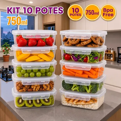 Kit 10 Potes 750ml com Tampa Trava Plástico Transparente para Mantimentos e Alimentos Marmita Organizador de Cozinha Geladeira e Freezer Jogo de Potes para Organização Ponte Lar Utilidades