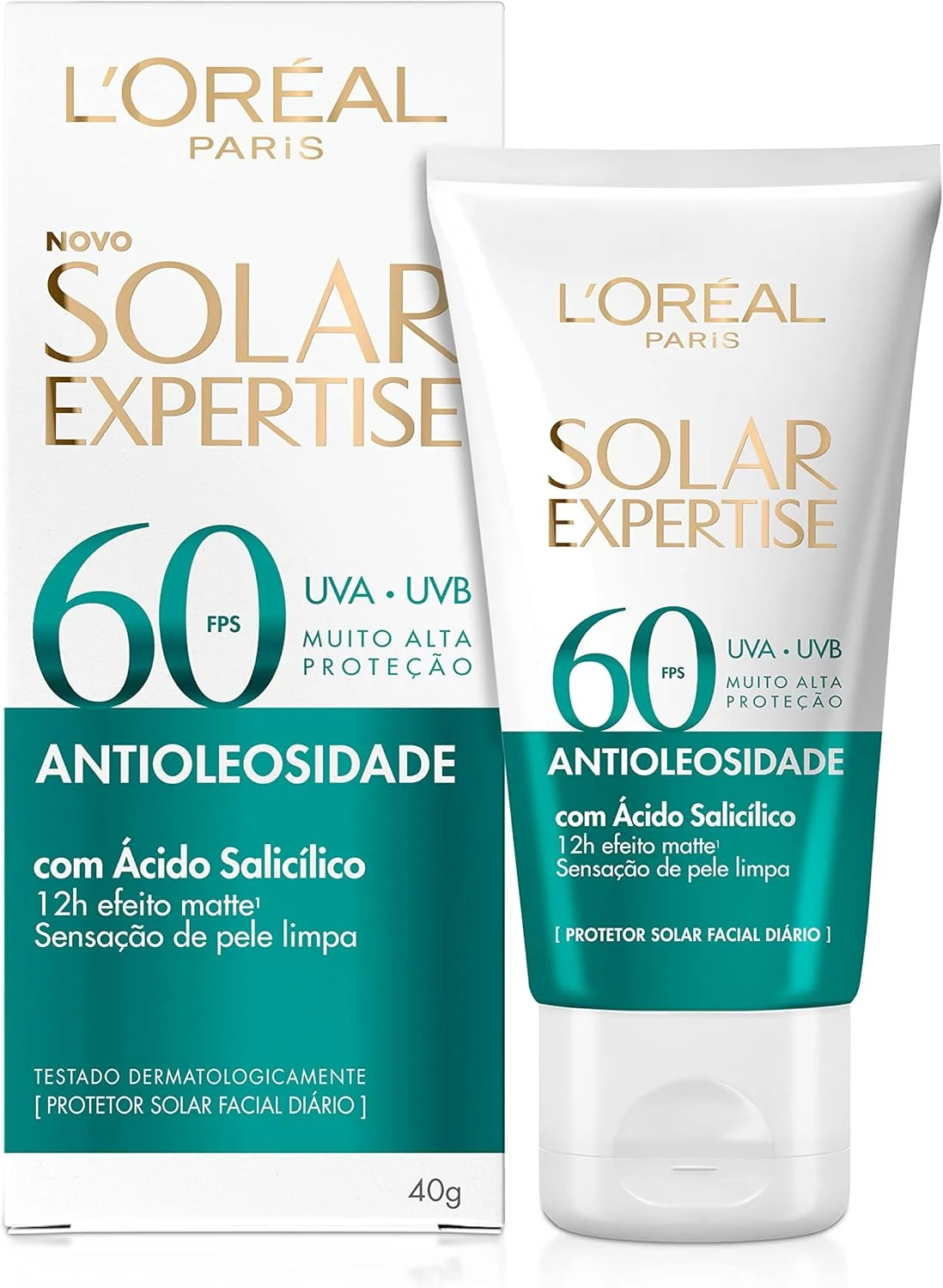 L'Oréal Paris Protetor Facial Solar Expertise Antioleosidade FPS 60, 40g | com Ácido Salicílico, possui Efeito Matte e Controle de Oleosidade por 12h.