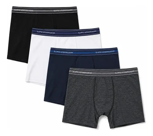 Kit 4 Cuecas Boxer Lupo Algodão Confortável Original Box 1 Preto / 1 Chumbo / 1 Marinho / 1 Branco Liso G - 46/48