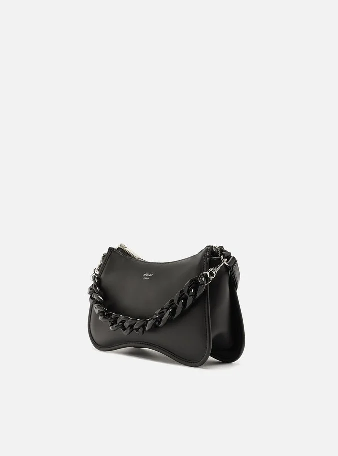 Bolsa Tiracolo Preta Couro Pequena Croco Corrente
