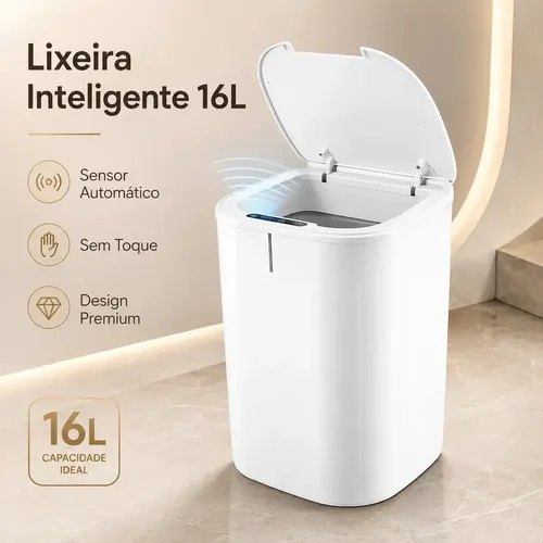 Lixeira Inteligente 16l Com Sensor Automático E Tampa Touch Branco