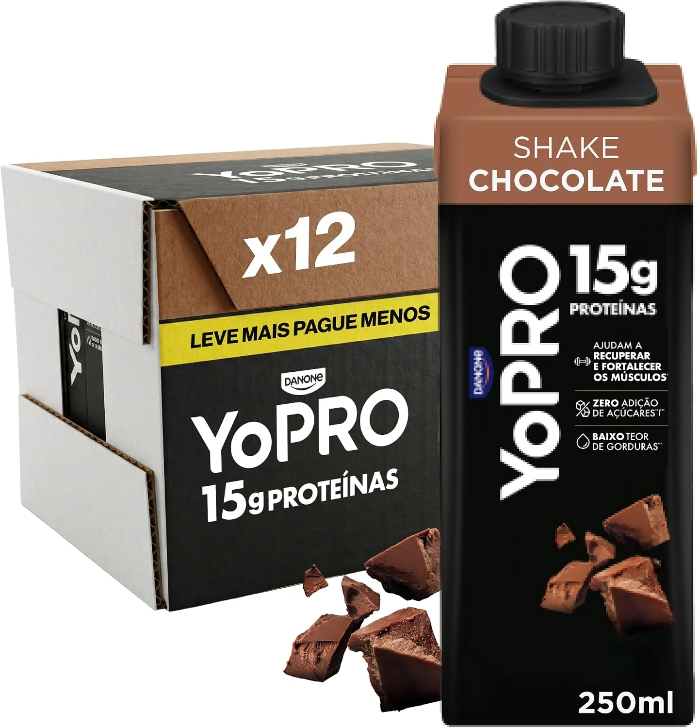 YoPRO Bebida Láctea UHT Chocolate Líquida Caixinha 250ml - 15g de Proteínas - Sem Lactose - Pack com 12 Unidades