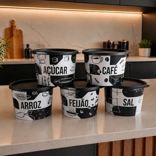 Kit Porta Mantimentos 5 Peças  Redondo Com Decoração 1,5 Lt Preto