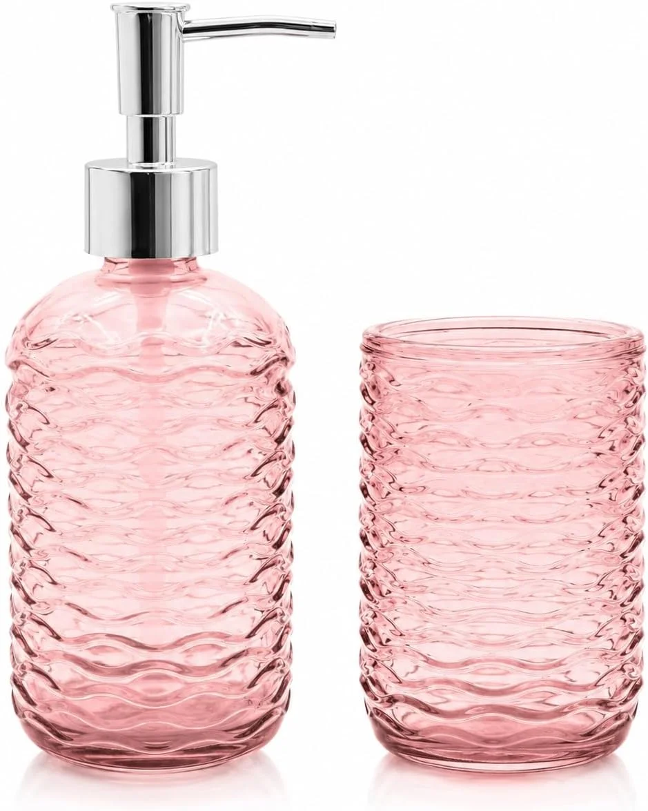 Kit para Banheiro 2 Peças em Vidro | Rosa | Dispenser para Sabonete Líquido 400ml + Porta Escova de Dentes 300ml