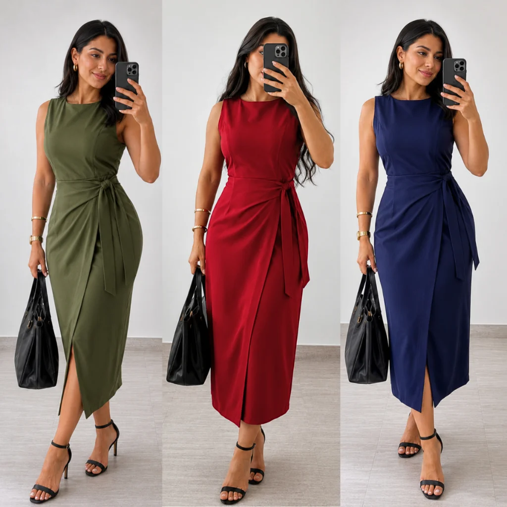 Vestido Feminino Amarração Lateral Alfaiataria Regata Midi Zíper nas Costas Social Elegante PMG Look Moda Evangélica