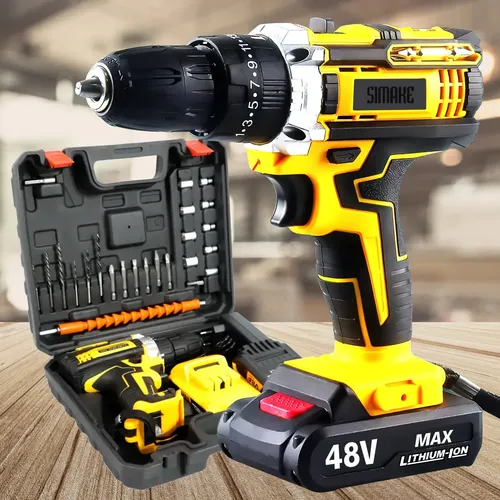 Parafusadeira Furadeira C/ 2 Baterias Maleta Kit Completo Led Eixo Flexível Vários Níveis Torque Simake Amarelo 127/220v 60 Hz