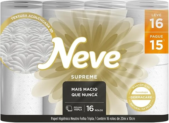 Neve Papel Higiênico Supreme Folha Tripla, 20m, Leve 24 Pague 21 Rolos
