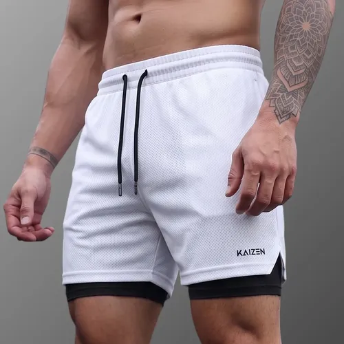 Bermuda Masculina 2 Em 1 Short Compressão Duplo Academia Branco Geométrico M