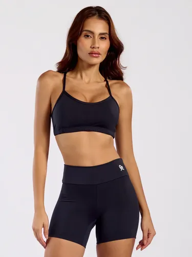 Conjunto Fitness Top Alça Short Blackout Cós Alto Feminino Preto Lisa P