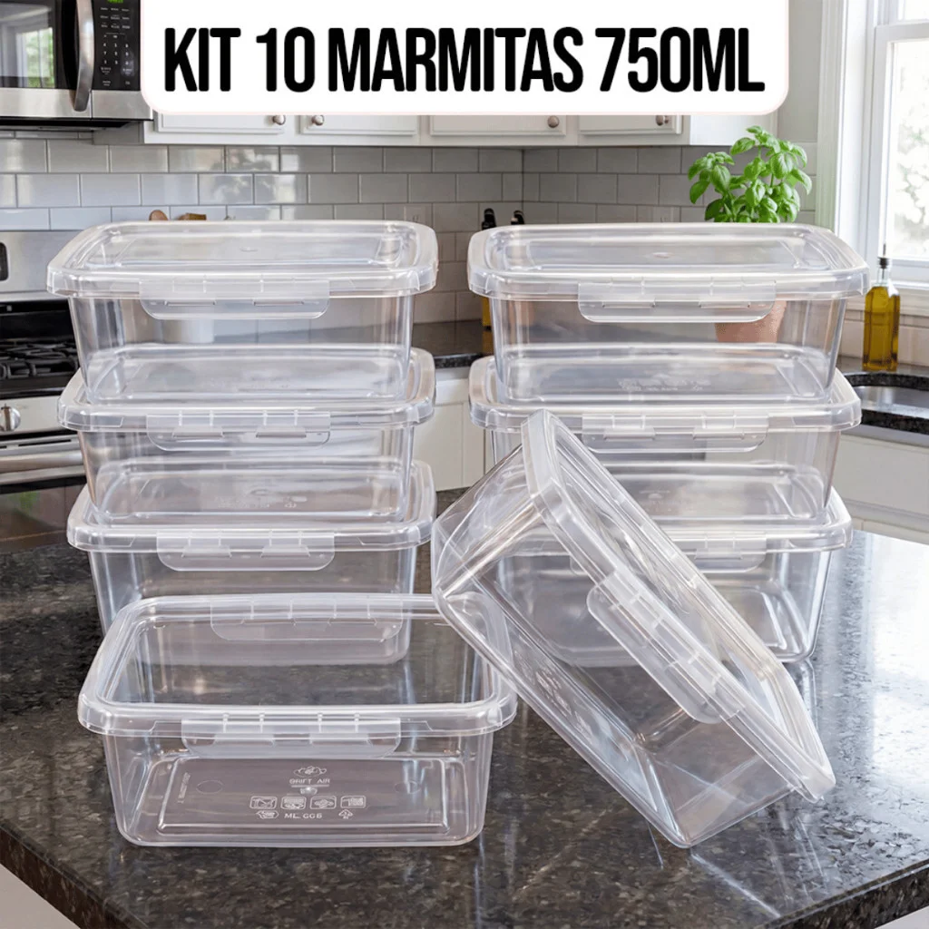 Kit 10 Marmitas Potes 750ml Travas Laterais hermeticas - Livres de BPA Alimentos organiza congelador - KAZIVA