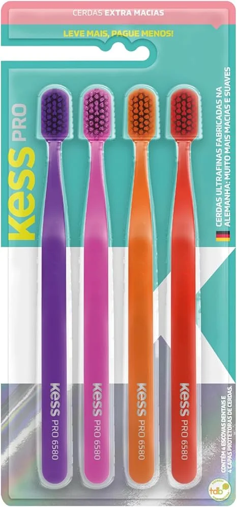 Kess, Pack com 4 Escovas Dentais Pro Extra Macias, Cores Sortidas