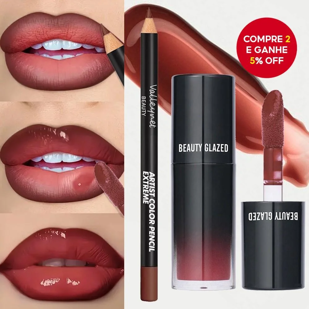 Conjunto De Lábios De Maquiagem Baratos De Veludo 2 Peças : Forro + Esmalte , Fosco À Prova D'água , Vermelho/Marrom , E