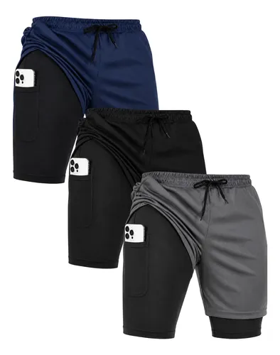 Kit 3 Shorts 2 Em 1 Academia Corrida Bermuda Duplo Com Bolso Preto /cinza /azul Xg