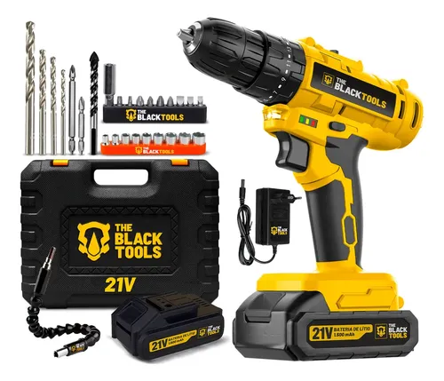 Parafusadeira Furadeira De Impacto A Bateria 21v 3/8 Bivolt 1400 Rpm Com Acessórios E Maleta Tb-21pzw The Black Tools Amarelo 127/220v 60 Hz
