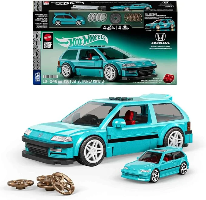 Mattel Brick Shop Hot Wheels 1990 Honda Civic EF Speed Series Custom Building Set with 248 Pieces, Realistic Details and Customization Stickers, JHF62