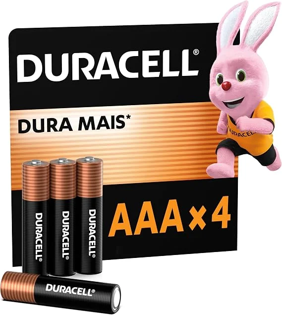 Duracell Pilhas Alcalinas AAA Palito Pack 4 Unidades – Dura Mais – Ideal para Controles Remotos Brinquedos e Lanternas