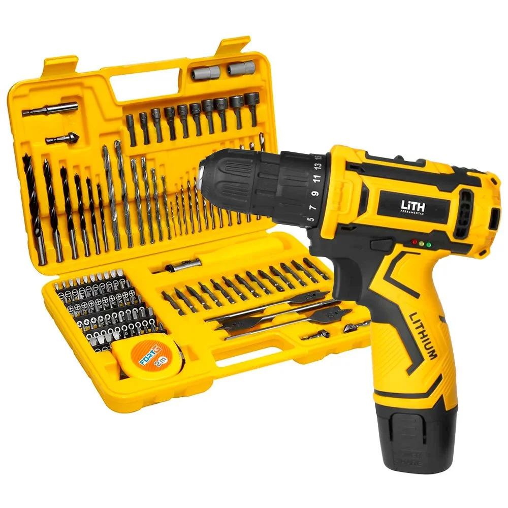 Combo Parafusadeira/Furadeira a Bateria 12V 1.5Ah 3/8 Pol com Carregador Bivolt + Jogo de Brocas e Bits com 110 Peças LITH-K2945