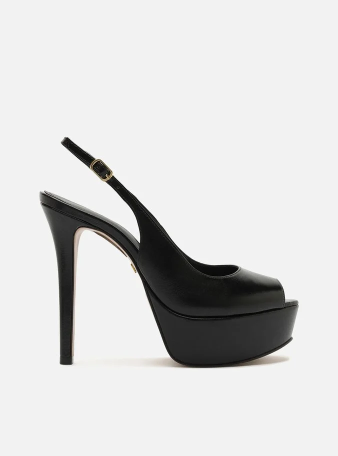 Scarpin Preto Couro Meia Pata Slingback