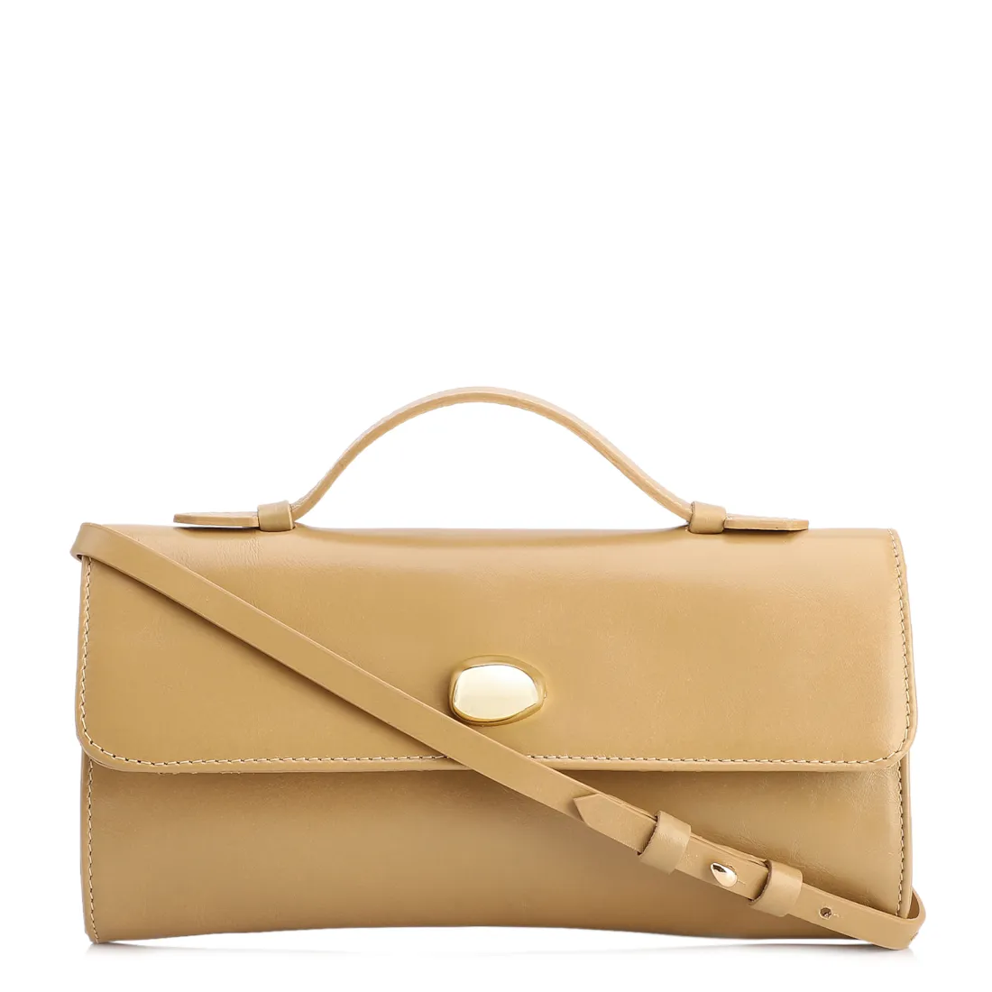 Bolsa De Mão Pequena Couro Bege Aplique Dourado