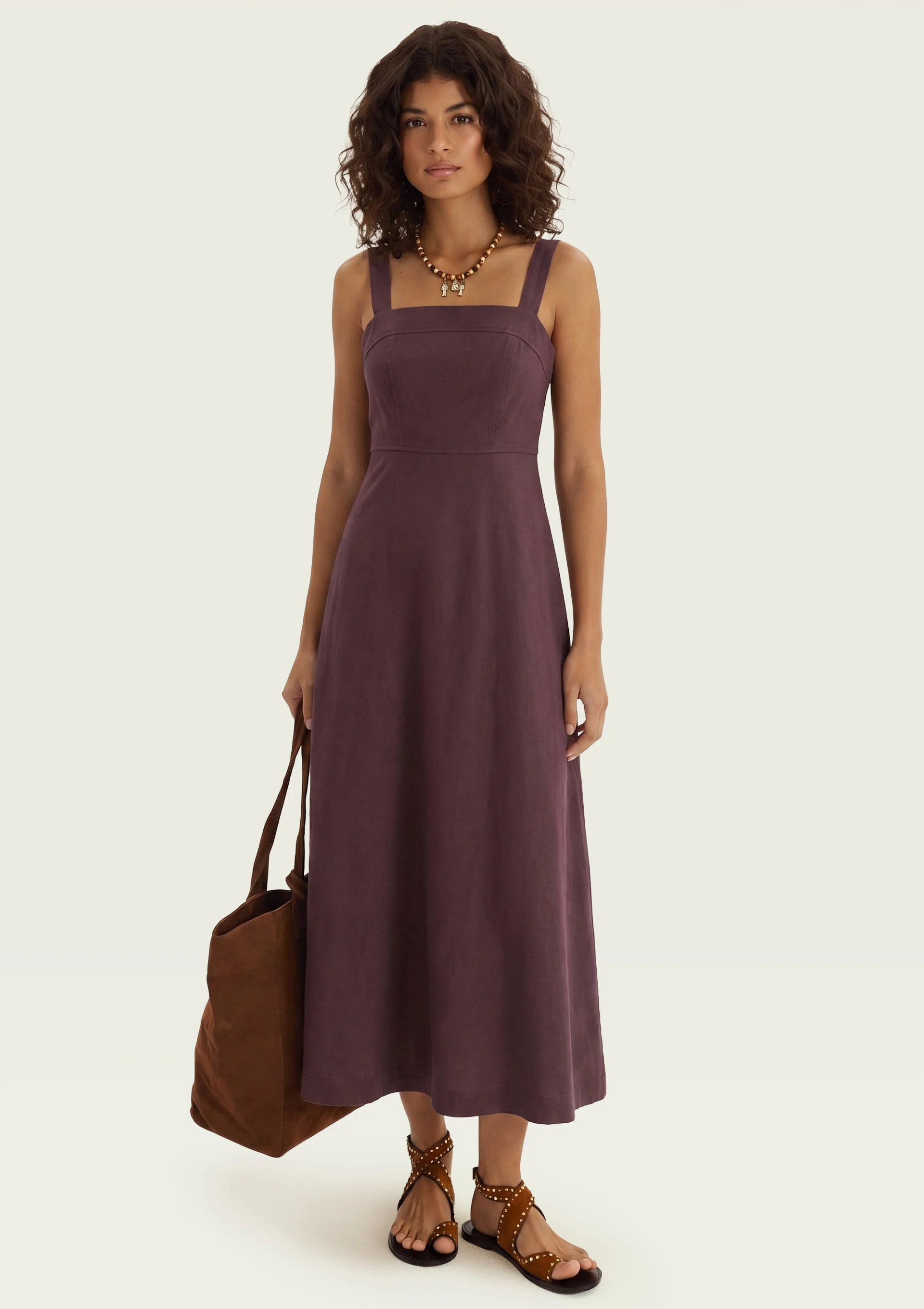 Vestido Midi Evasê Alças Médias Rústico Com Linho - Vinho