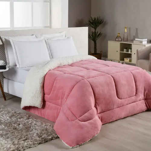 Edredom Sherpa Cobertor E Coberdrom Casal Queen Grosso Cores Rose Liso
