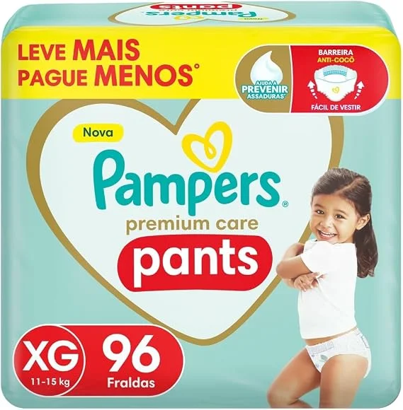 Fralda Pampers Premium Care Pants Tamanho XXG, Fácil de Vestir, 90 Unidades
