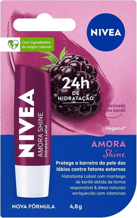 NIVEA Hidratante Labial Amora Shine 4,8g, Hidratação Intensa 24h, Cor Suave, Brilho Delicado, Cuidado Diário, Manteiga de Karité