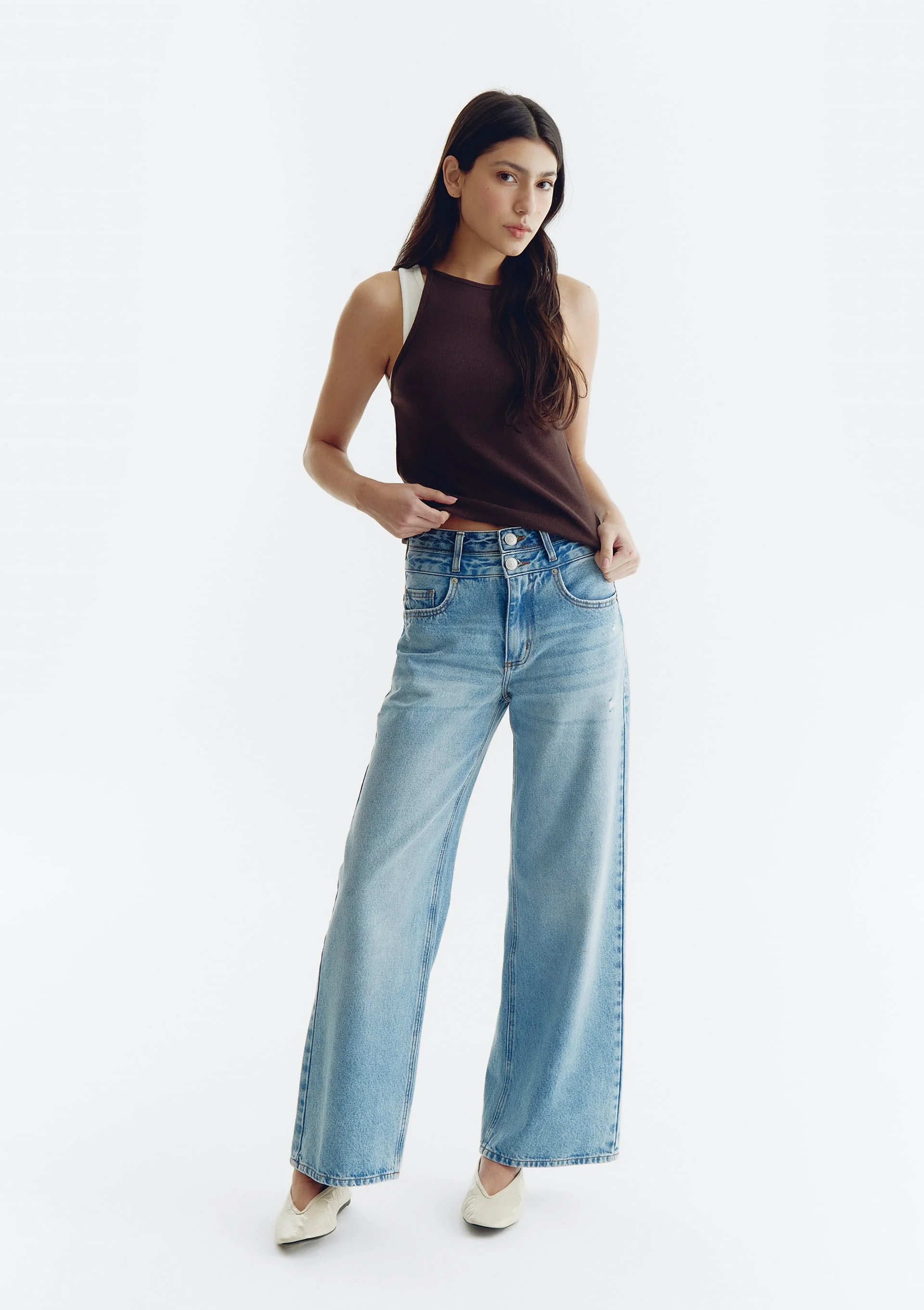 Calça Jeans Feminina Wide Leg Cós Duplo - Azul