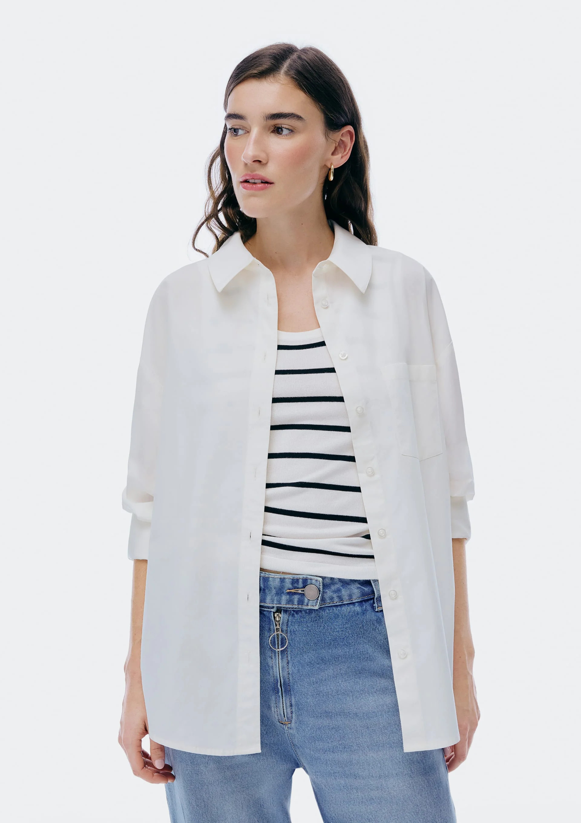 Camisa Feminina Manga Longa Com Bolso - Off white