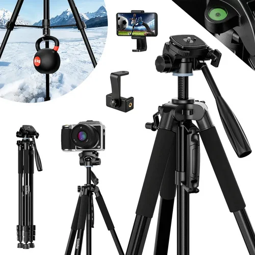 190cm Tripé Câmera Profissional Basike para Câmera e Celular – Cabeça 3 Vias 630° Panorâmico, Nível Bolha, Bolsa de Transporte,suporte de Celular – Ideal para Fotografia, Live, Vlog