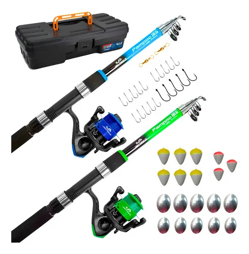 2 Kit Pesca Completo 2 Varas 10kg + 2 Molinetes Jp250 1-rol Verde/azul
